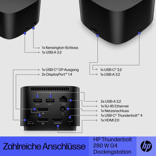 HP Thunderbolt Dockingstation 280W G4 mit Kombinationskabel für Notebooks und mobile Workstation